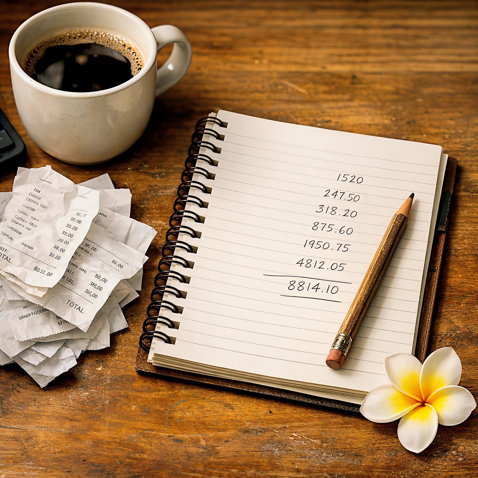 Stack of receipts and paperwork on a desk